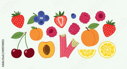Assorted fresh fruits and fruit slices on a clean background including strawberries blueberries raspberries peaches cherries lemons and more for healthy eating and nutrition