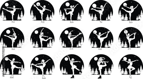 Figure skating silhouette icon set featuring graceful ice skater poses under moonlit winter forest scenes in black and white style