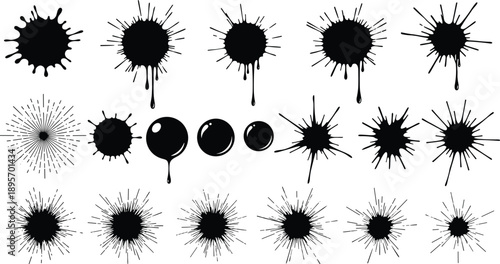 Ink splatter and paint splash silhouette icon set featuring grunge blots drips stains and abstract burst shapes in black and white style for creative design projects