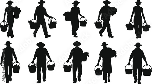 Farmer silhouettes carrying harvest baskets vector illustration, rural agriculture workers walking collection, farming people set isolated on white background