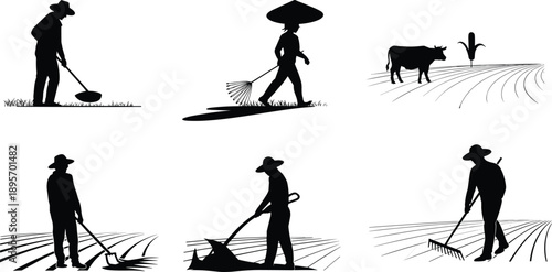 Farmer working in fields silhouette set vector illustration, agriculture labor scenes with tools, rural farming activities isolated on white background