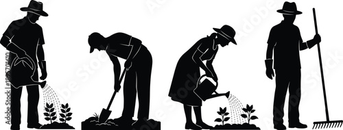Gardening people silhouette vector illustration, farmers watering plants, digging soil, raking garden beds, rural agriculture work isolated on white
