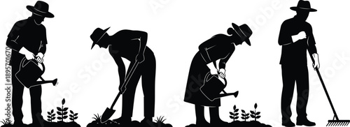 Gardening people silhouette vector illustration, farmers watering plants, digging soil, raking garden beds, rural agriculture work isolated on white