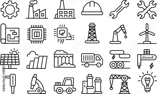Industrial energy and construction line icons set, factory machinery tools power generation engineering symbols, editable outline vector illustration collection