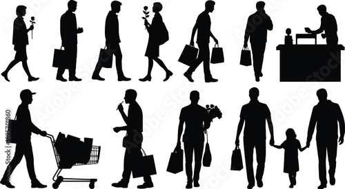 Male shopping silhouettes collection with bags, flowers, cashier counter, trolley and family walking poses, retail lifestyle people vector illustration isolated