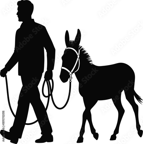 Man leading donkey silhouette, rural farming and animal care concept, traditional countryside lifestyle scene, minimalist black vector illustration isolated on white background