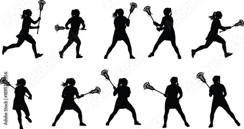 Women lacrosse player silhouette collection showing dynamic running throwing and defensive action poses isolated on white background for sports fitness team and athletic design concepts