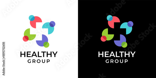 People Care Logo With Plus Symbol. Medical Health Human Group Logo Icon Vector Illustration. Logo Template of Human, Plus, Cross.