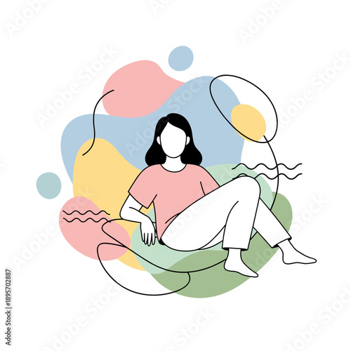 Self-care concept illustration with person resting in calm pose surrounded by abstract shapes