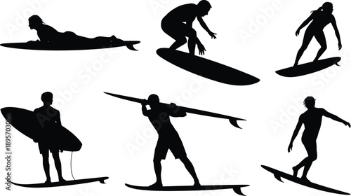 Surfing silhouette set with surfers riding waves, surfboard poses illustration, ocean sport action collection, summer beach lifestyle, vector, minimal, graphic