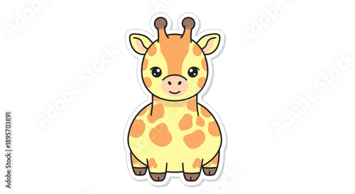 Cute cartoon baby giraffe sticker, kawaii animal, isolated on white background