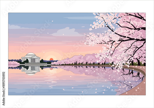 Jefferson Memorial surrounded by cherry blossoms at sunrise.
