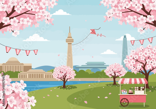 Charming pink food cart under blooming cherry blossom trees.