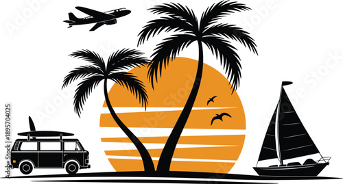 Summer tropical travel silhouette with palm trees sunset, airplane, sailboat, camper van, beach vacation adventure illustration, island lifestyle concept, background