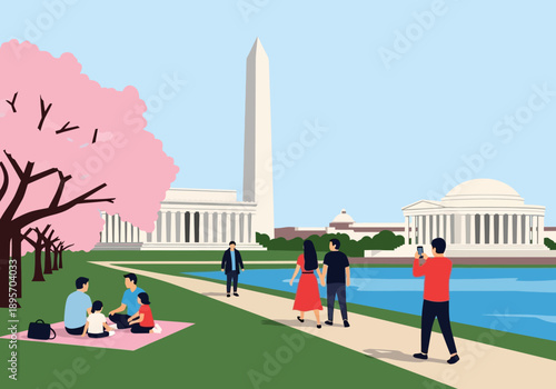 People enjoying a picnic under cherry blossoms near Washington Monument.