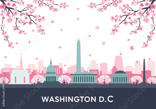 Washington DC Skyline with Cherry Blossoms in Bloom.