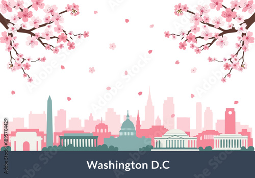 Washington DC Skyline with Cherry Blossoms in Bloom.