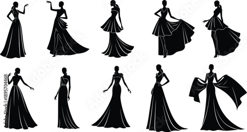 Women gown silhouettes illustration, elegant evening dress artwork, fashion design concept, formal wear style, minimalist figure, beauty symbol
