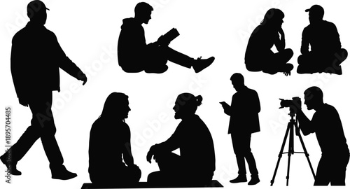 Human activity silhouettes illustration, walking reading talking artwork, camera operator design, minimalist character concept, lifestyle symbol, social interaction