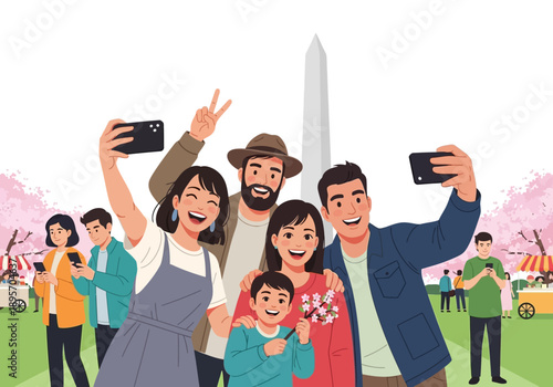 Happy diverse family taking a selfie together outdoors.