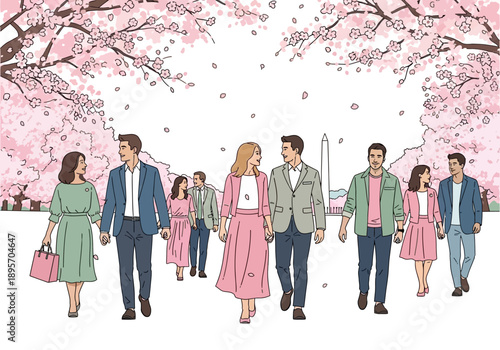 A diverse group of stylish people walking together outdoors.