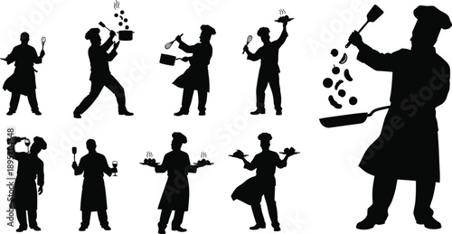 Chef silhouettes illustration, cooking activity artwork, culinary design concept, kitchen utensil symbol, food preparation style, professional cooking figure