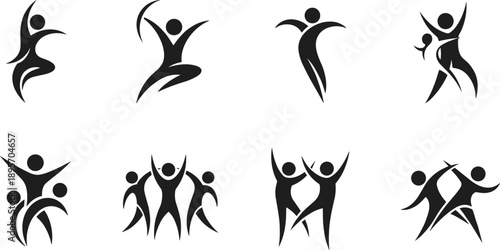 Joyful silhouettes illustration, dancing jumping celebrating artwork, abstract human figure design, community activity concept, minimalist style, fitness symbol