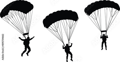 Parachutist silhouettes illustration, skydiving activity artwork, aerial descent design concept, extreme sport symbol, minimalist style, adventure figure