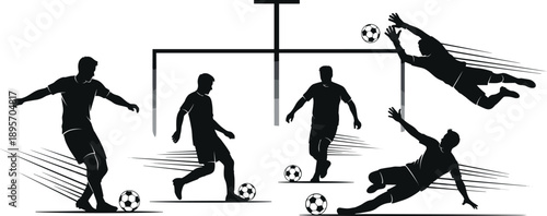 Soccer silhouettes illustration, dynamic player action artwork, ball control design concept, sports competition symbol, athletic figure, tournament emblem