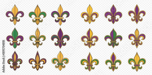 Mardi Gras Fleur de Lis symbols set in traditional purple, green, and gold colors, isolated on transparent background.