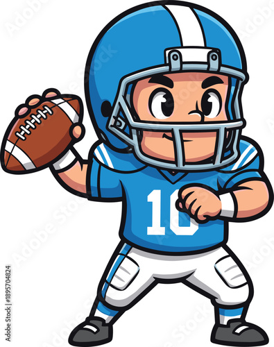 Cartoon American football player illustration, quarterback artwork design, sports character concept, children educational symbol, playful style, athletic figure