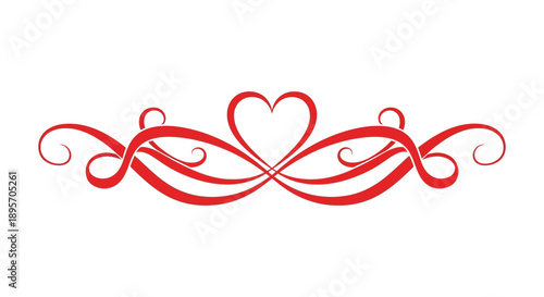 A vibrant red ornamental flourish featuring intertwined swirls and a central heart shape against a white background
