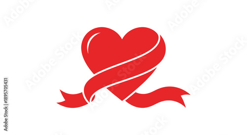 A vibrant red heart illustration is elegantly wrapped with a flowing ribbon symbolizing love and affection high quality