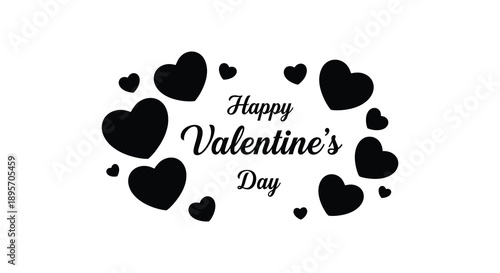 A simple graphic displays the text happy valentine s day surrounded by scattered black heart shapes on a white background