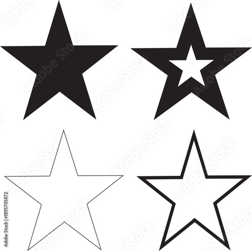 Set of four graphic star symbols including solid black, outlined, and nested star shapes