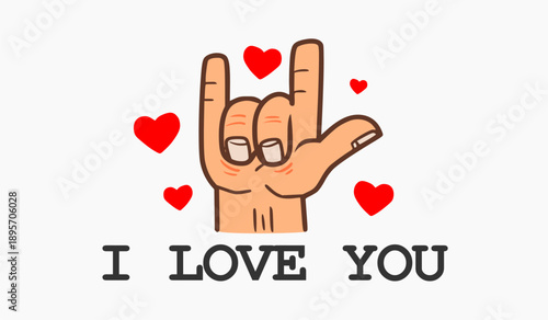 Cartoon Hand Making I Love You Sign with Hearts and “I Love You” Text – Cute Romantic Gesture Illustration