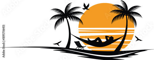 Man relaxing in hammock at tropical beach sunset, palm tree silhouette, summer vacation illustration, calm island lifestyle concept, background design