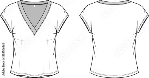 Women v neck cap sleeve t shirt technical flat sketch front and back view, vector fashion line drawing template