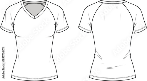 Women v neck raglan t shirt technical fashion flat sketch front and back view athletic apparel design template