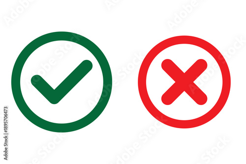 Set green approval check mark and red cross icons collection in circle and square, checklist signs, flat checkmark approval badge,