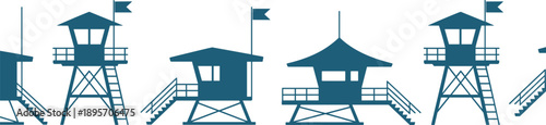 Beach lifeguard towers silhouette set, coastal safety stations illustration, seaside rescue architecture, summer beach patrol background design, vector, minimal, graphic