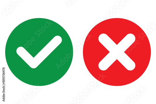 Set green approval check mark and red cross icons collection in circle and square, checklist signs, flat checkmark approval badge,