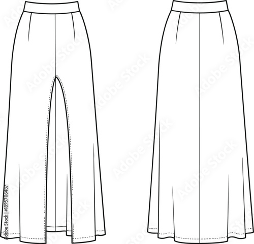 Women wide leg palazzo pants technical flat sketch front and back view, high waist trousers vector fashion template