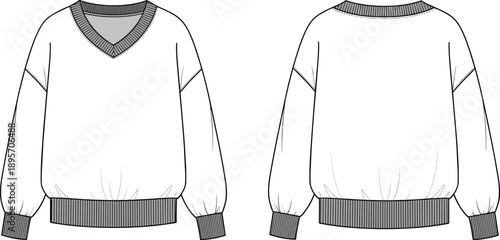 Women v neck sweatshirt technical flat sketch front and back view, long sleeve pullover sweater vector fashion template