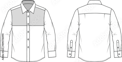 Men long sleeve button down shirt technical flat sketch front and back view, collar cuff vector fashion template
