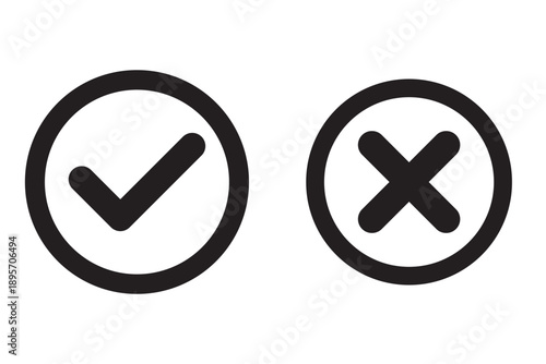 Set green approval check mark and red cross icons collection in circle and square, checklist signs, flat checkmark approval badge,
