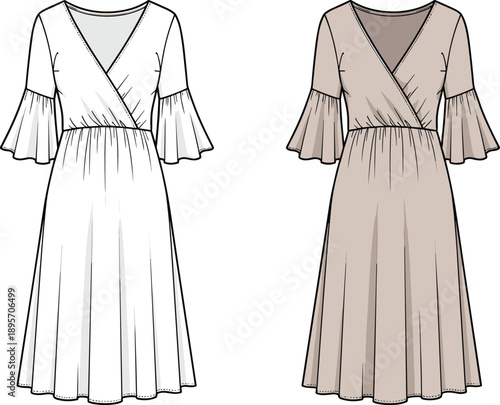 Women wrap maxi dress fashion technical illustration in white and beige colors, V neck with flared sleeves, elegant flat vector design