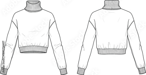 Women’s cropped turtleneck sweater technical fashion illustration with long sleeves ribbed cuffs front and back views flat vector design