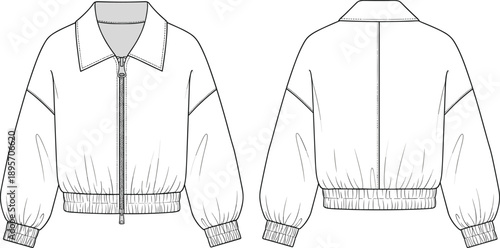 Women’s cropped zip jacket technical fashion flat, front and back view elastic waist casual outerwear outline illustration