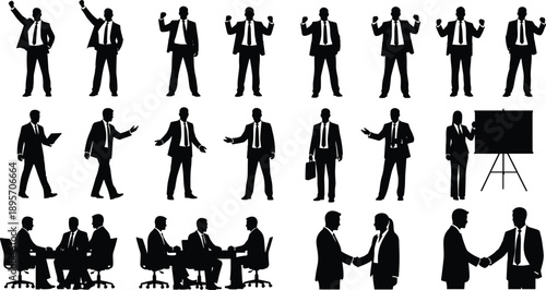 Businessman silhouettes collection, corporate men presenting, negotiating, meeting and shaking hands, black and white vector illustration set for business, office, and leadership design